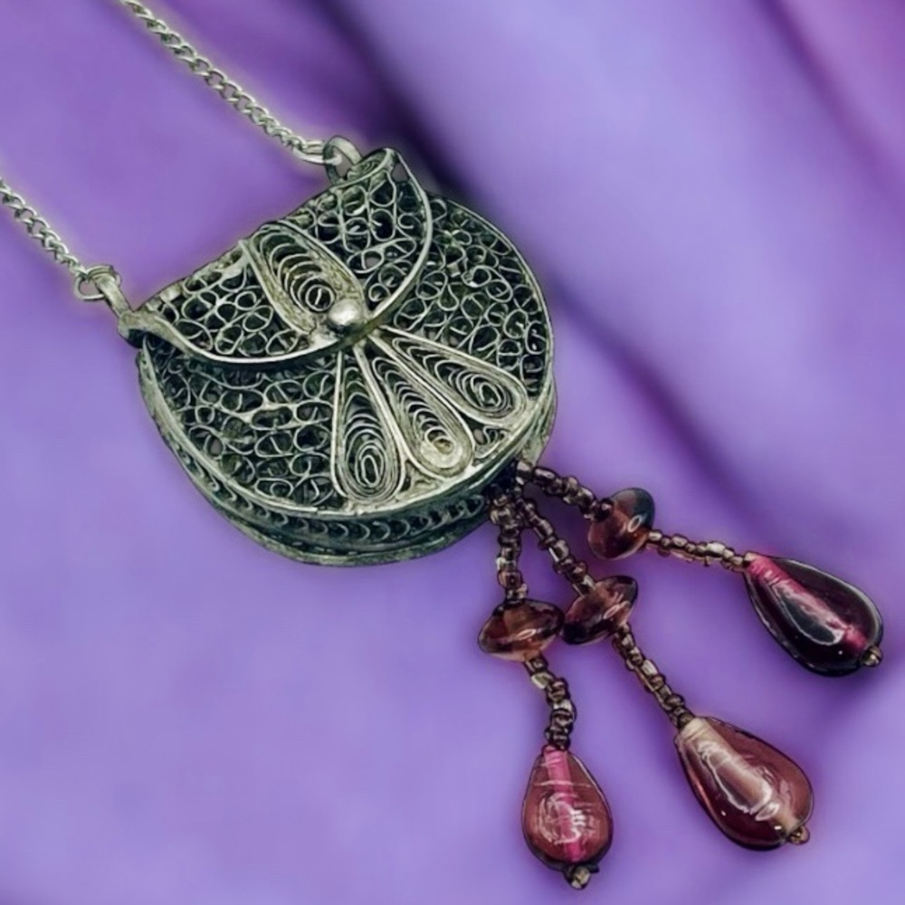 Antique Silver Filigree Purse Pendant Necklace With Amethyst Accents - Picture 2 of 15